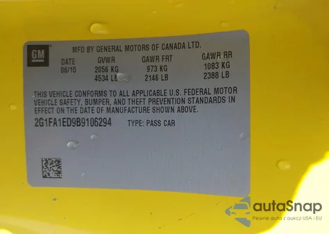 2011 Chevrolet Camaro 2Ls z USA, uszkodzony, nr VIN 2G1FA1ED9B9106294